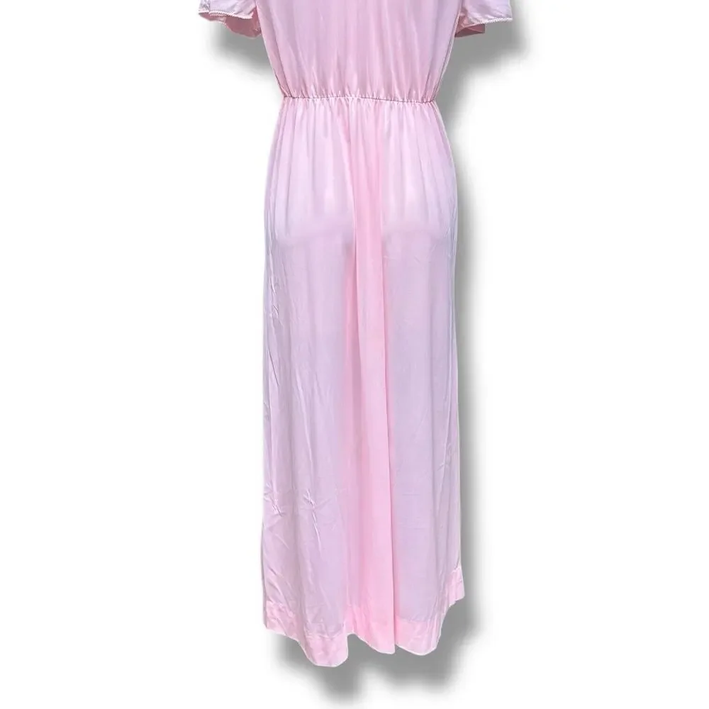 Vintage Rutledge Nightgown Pink Deep V Maxi Coquette Flutter Sleeves Womens Sz L - Picture 7 of 13